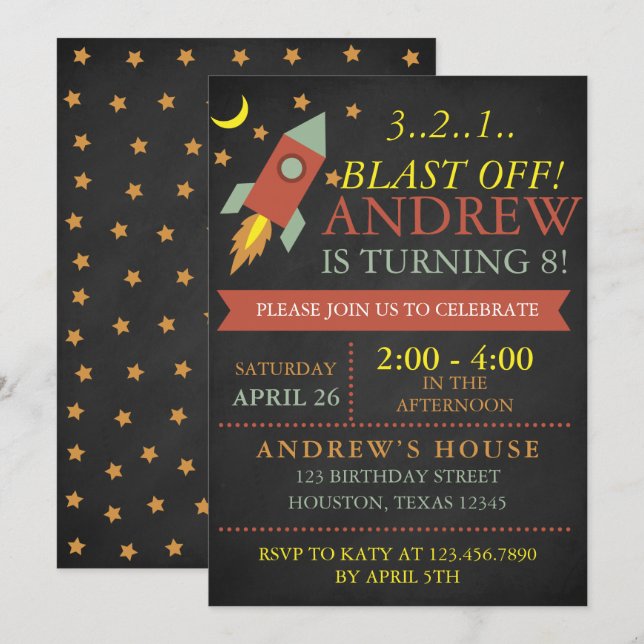Blast off Rocket Birthday Party Invitation (Front/Back)