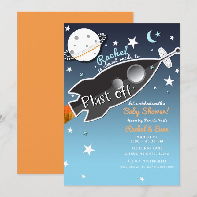 Blast Off Rocket Ship Space Baby Shower Invitation (Front/Back)