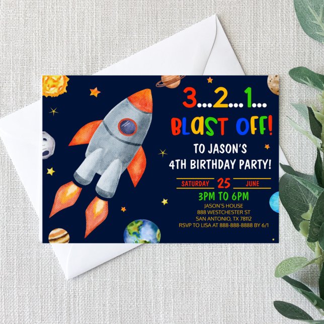 Blast Off! Rocket Ship Space Birthday Party Invitation (Creator Uploaded)