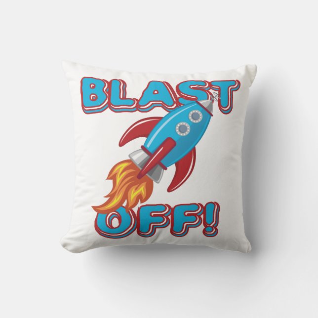 Blast Off Rocket Ship Throw Pillow (Front)