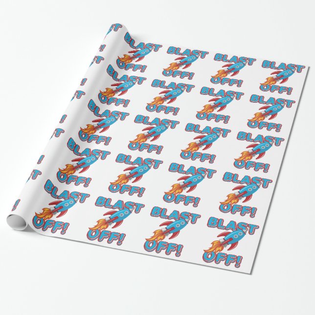 Blast Off Rocket Ship Wrapping Paper (Unrolled)