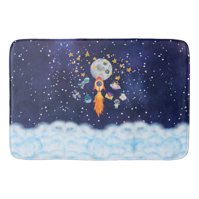 Blast-Off Rocketship Kids Bath Mat Bathroom Decor (Front)