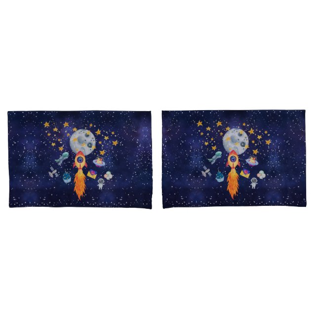 Blast-Off Rocketship Kids Bedding Pillowcase Set (Front-Set)
