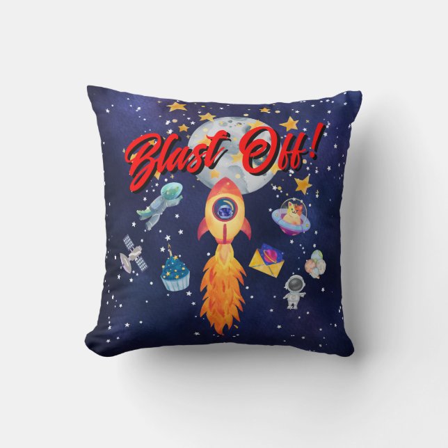 Blast-Off Rocketship Kids Room Decor Throw Pillow  (Front)