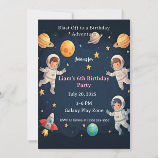 Blast Off Space Adventure Kids 6th Birthday Party  Invitation