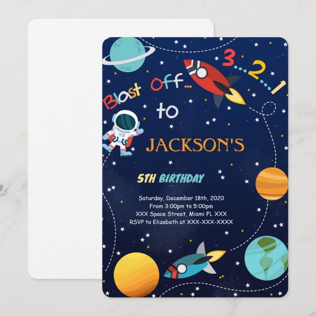 Blast Off Space Birthday Invitation (Front/Back)