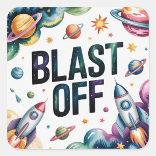 Blast Off Space Boy Astronaut Birthday Party Square Sticker