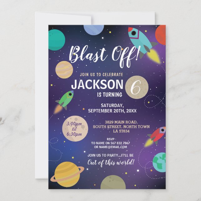 Blast Off Space Galaxy Birthday Party Rocket Invitation (Front)