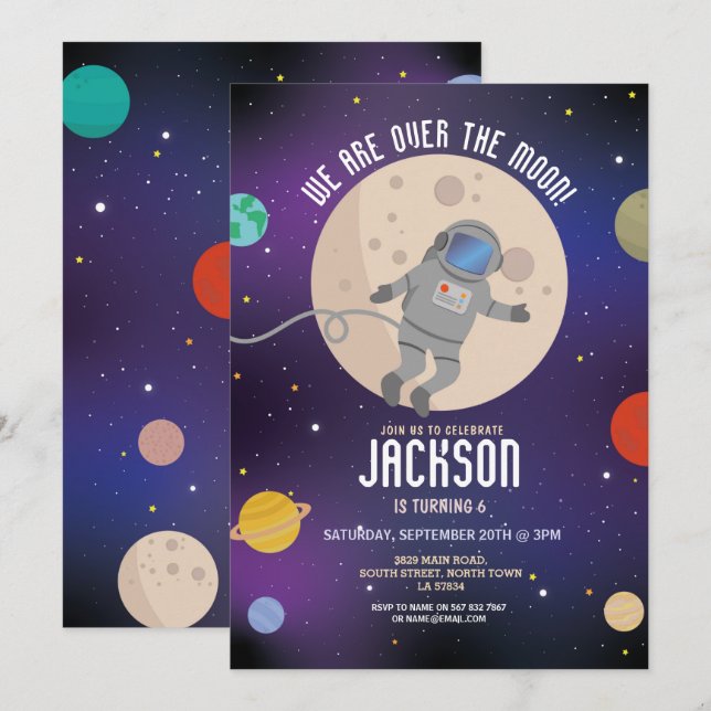 Blast Off Space Galaxy Birthday Party Rocket Moon Invitation (Front/Back)