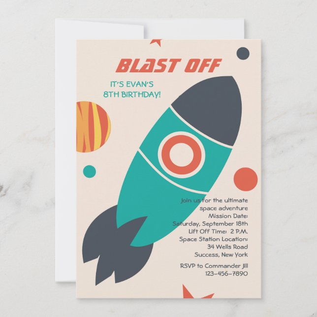 Blast Off Space Invitation (Front)