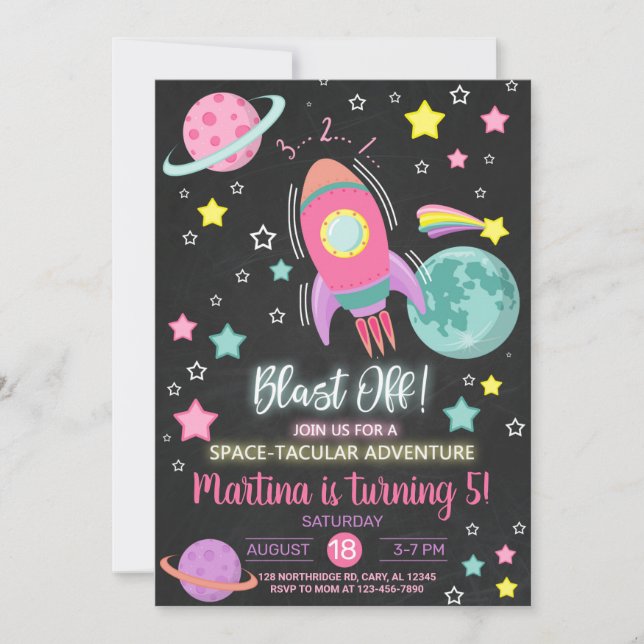 Blast off, space-tacular girl birthday invitation. invitation (Front)