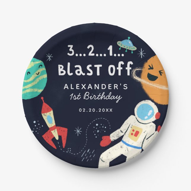 Blast Off Space Theme Birthday Party Paper Plate (Front)