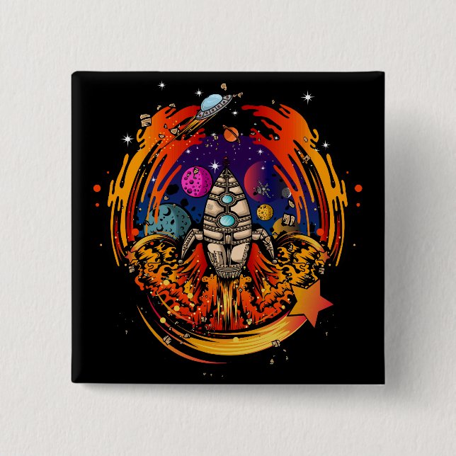 Blast Off Spaceship 2 Inch Square Button (Front)