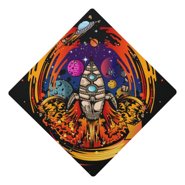 Blast Off Spaceship Graduation Cap Topper (Front)
