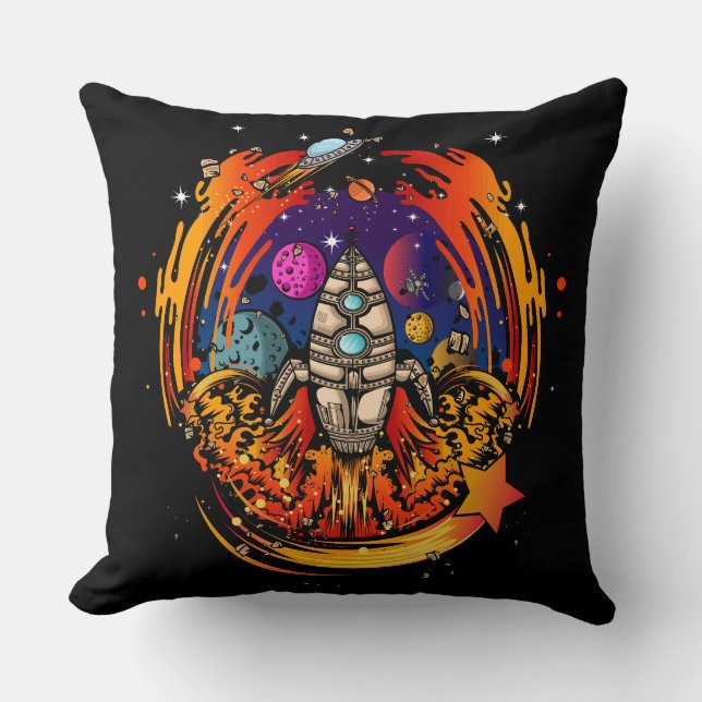 Blast Off Spaceship Throw Pillow (Front)