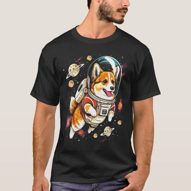 Blast Off with a Dog in Space  Cute Pembroke Welsh T-Shirt (Front)