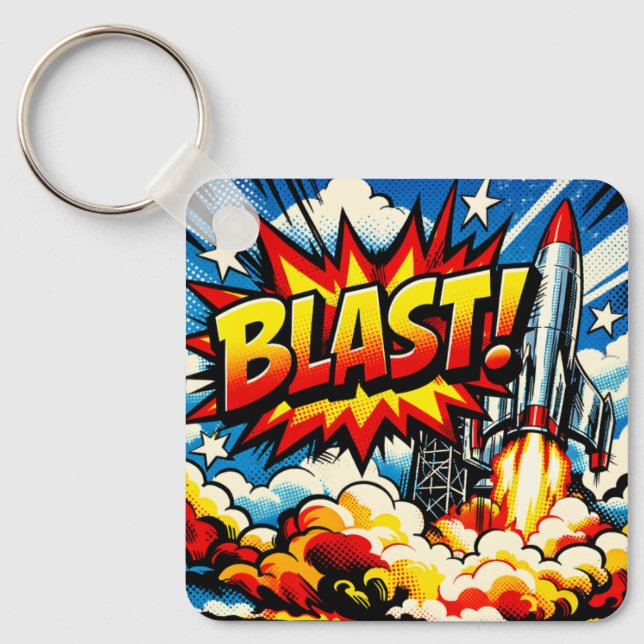 BLAST! Retro Pop Art Rocket Explosion Keychain (Front)