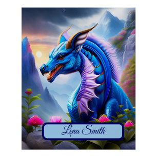 Blauer Drache, fantasievolle Digital Art Poster