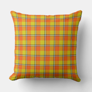 Blaze Orange and Bird Flower Plaid Throw Pillow