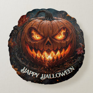 Blazing-Eyed Pumpkin Happy Halloween Autumn Round Pillow