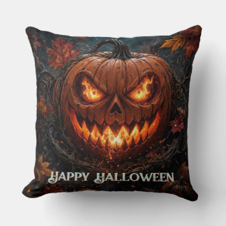 Blazing-Eyed Pumpkin Happy Halloween Autumn Throw Pillow