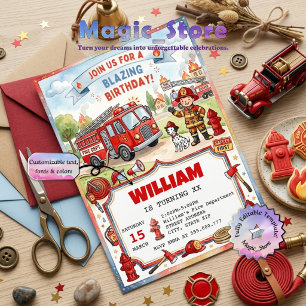 Blazing Fire Truck Firefighter Kids Birthday Invitation