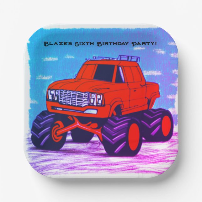 Blazing Fury: The Red Monster Truck Paper Plate (Front)