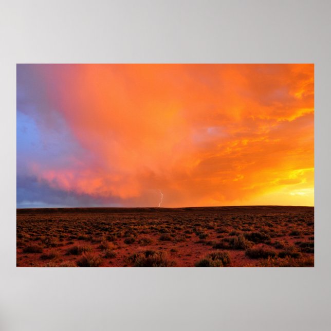 Blazing Sunset with Lightning over Desert Poster (Front)