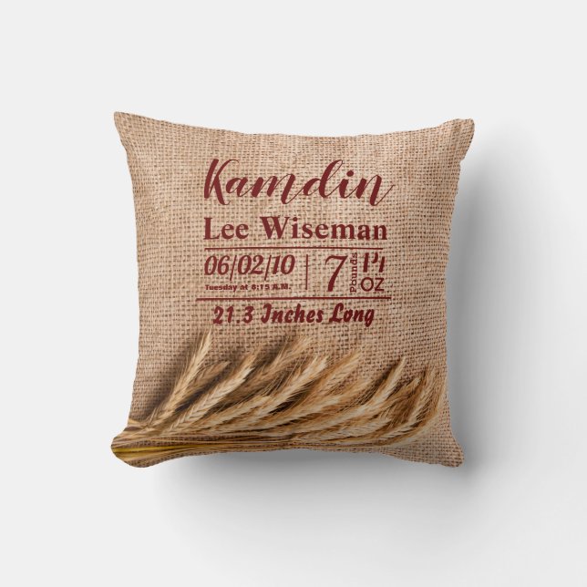 Blé Coussin de naissance personnalisé sur Burlap S (Recto)