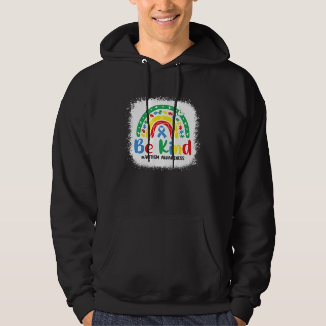 Bleached Be Kind Rainbow Blue Ribbon Autism Awaren Hoodie (Front)