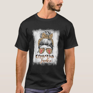 Bleached Crawfish Junkie Leopard Messy Bun With Su T-Shirt