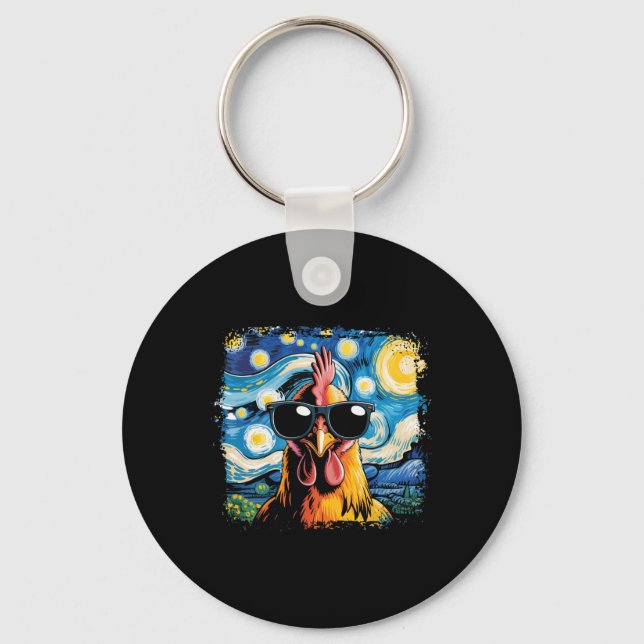 Bleached Funny Chicken Starry Night Van Gogh Chick Keychain (Front)