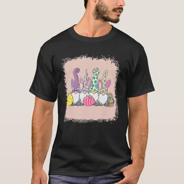 Bleached Gnome Bunnies Egg Hunting Basket Happy Ea T-Shirt (Front)