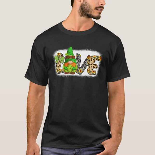 Bleached LOVE St Patricks Day Gnomes Shamrock For T-Shirt (Front)