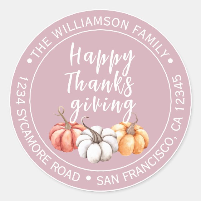 Bleached Mauve Pumpkin Thanksgiving Return Address Classic Round Sticker (Front)