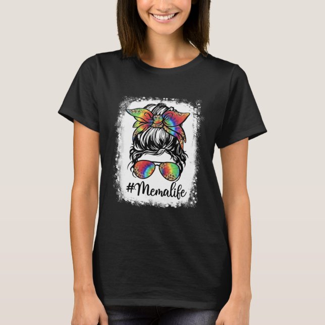 Bleached Mema Life Messy Bun Girl Leopard Cute Mot T-Shirt (Front)