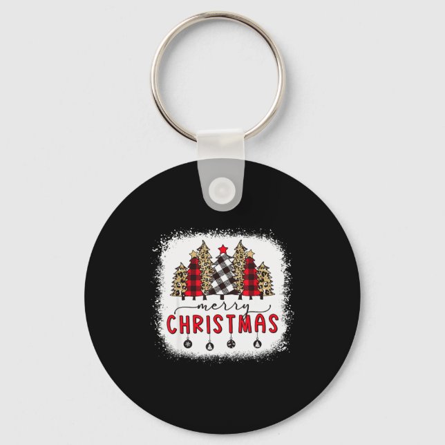 Bleached Merry Christmas Tree Funny Leopard Plaid  Keychain (Front)