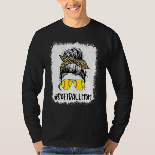 Bleached Mom Life Leopard Messy Bun Softball Game T-Shirt