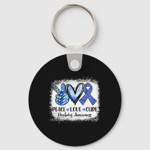 Bleached Peace Love Cure Grey Blue Ribbon Diabetes Keychain