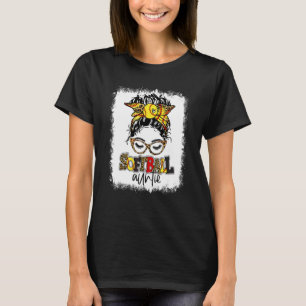Bleached Softball Auntie Messy Bun Game Day Mother T-Shirt