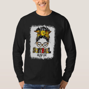 Bleached Softball Auntie Messy Bun Game Day Mother T-Shirt