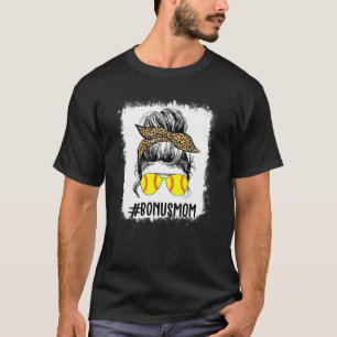 Bleached Softball Bonus Mom Life Leopard Messy Bun T-Shirt
