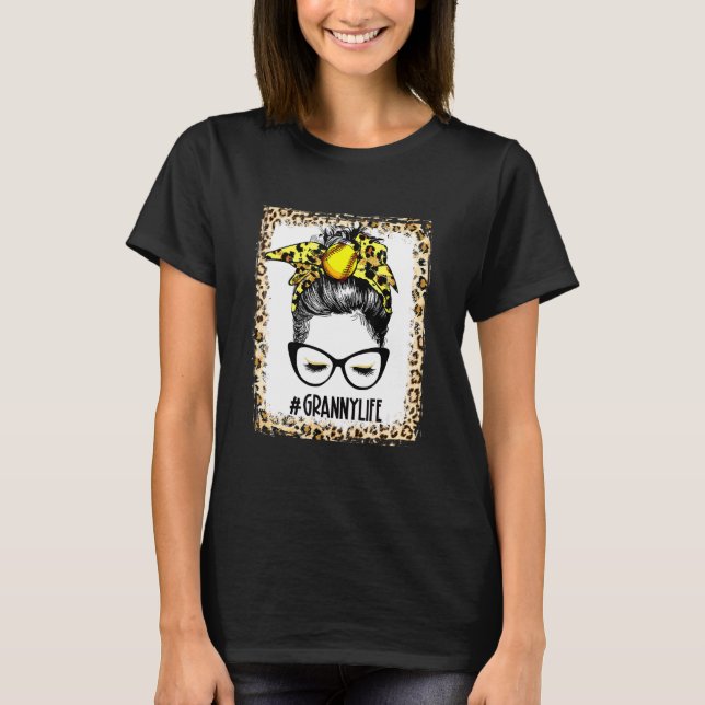 Bleached Softball Granny Messy Bun Game Day Mother T-Shirt (Front)