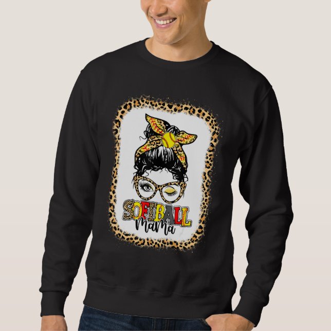 Bleached Softball Mama Leopard Messy Bun Player Mo Sweatshirt (Front)
