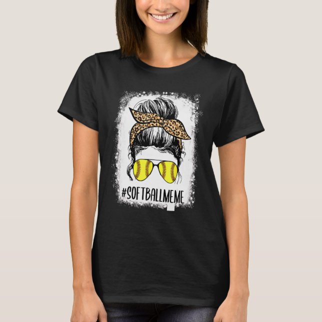 Bleached Softball Meme Life Leopard Messy Bun Moth T-Shirt (Front)