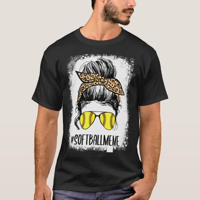 Bleached Softball Meme Life Leopard Messy Bun Moth T-Shirt (Front)