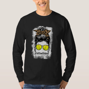 Bleached Softball Mom Life Leopard Messy Bun For W T-Shirt