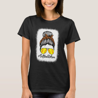 Bleached Softball Mom With Leopard And Messy Bun P T-Shirt