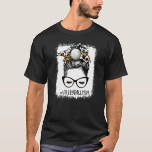 Bleached Volleyball Mom Life Leopard Messy Bun Gam T-Shirt
