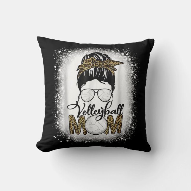 Bleached Volleyball Mom Life Leopard Messy Bun Gam Throw Pillow (Front)